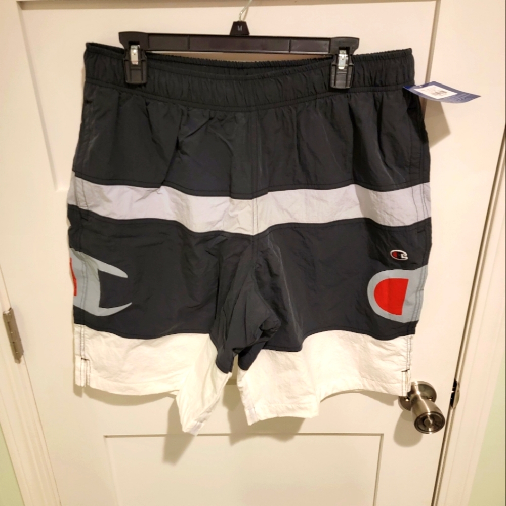 Men's XL Champion Swim Trunks Black Gray Big Logo Drawstring Waist